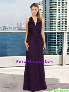 V Neck Empire Ruching Dark Purple Prom Dress with Floor Length