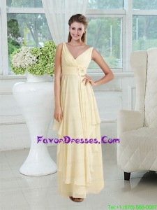 Empire V Neck Chiffon Prom Dress with Appliques and Ruching