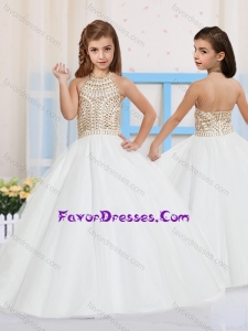 Ball Gown Halter Tulle Beading Cheap Flower Girl Dress in White