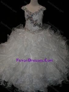 Big Puffy V-neck Ruffled Cheap Flower Girl Dress with Spaghetti Straps and Sequins
