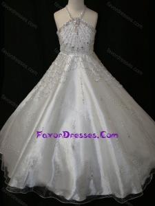 Elegant A Line Beaded Decorated Halter Top and Bodice Cheap Flower Girl Dress