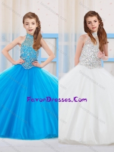 Fashionable Ball Gown Halter Floor-length Tulle Beaded Cheap Flower Girl Dress