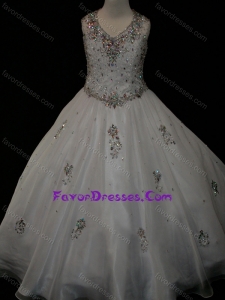 Pretty Ball Gown Beaded and Applique White Cheap Flower Girl Dress in Organza