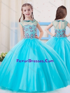 Pretty Ball Gown High Neck Tulle Little Girl Pageant Dress in Aqua Blue
