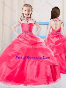 Sweet Ball Gown High Neck Organza Coral Red Little Girl Pageant Dress with Beading