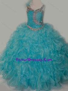 Elegant Ball Gown V Neck Organza Beading Aqua Blue Lace Up Little Girl Pageant Dress