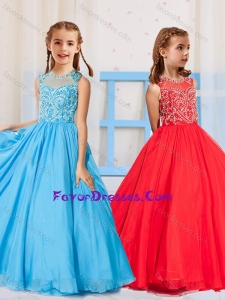 Most Popular Pincess Scoop Beaded Aqua Blue and Red Little Girl Pageant Dress