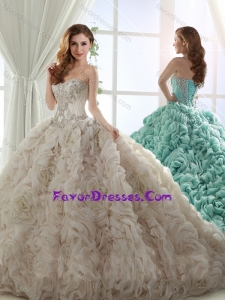 Cheap Puffy Skirt Brush Train Beaded Champagne Quinceanera Gown in Rolling Flowers