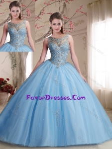 Classical See Through Scoop Beaded Bodice Sweet 16 Dress in Light Blue