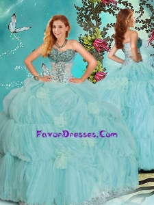 Discount Mint Sweetheart Quinceanera Gown with Beading and Handcrafted Flowers