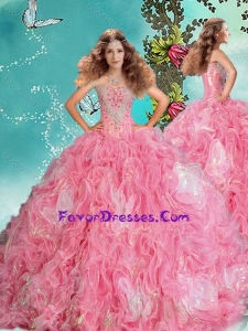 Gorgeous Rose Pink Brush Train Quinceanera Dress in Rolling Flowers