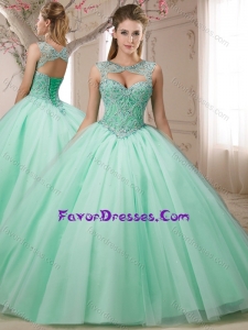 New Style Beaded Bodice Apple Green Sweet Fifteen Dress with Detachable Straps
