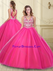 Popular Big Puffy See Through Hot Pink Quinceanera Dress with Beading