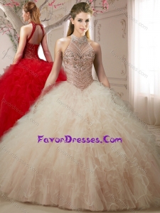 See Through Halter Top Champagne Open Back Sweet 16 Dress with Beading and Ruffles