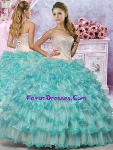 Exquisite Applique and Ruffled Quinceanera Dress in Champagne and Aqua Blue