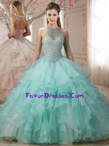Hot Sale Halter Top Apple Green Quinceanera Gown with Pearls and Ruffless