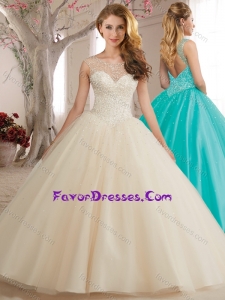 Latest See Through Backless Beaded Bodice Sweet Fifteen Dress in Champagne