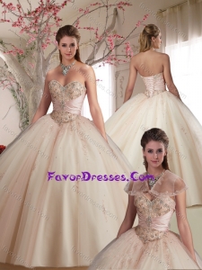 Perfect Big Puffy Beaded and Applique Tulle Champagne Quinceanera Gown