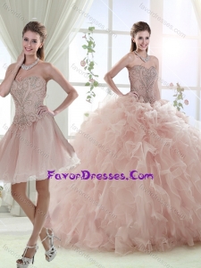 Elegant Beaded and Ruffled Baby Pink Detachable Quinceanera Dress with Sweep Train