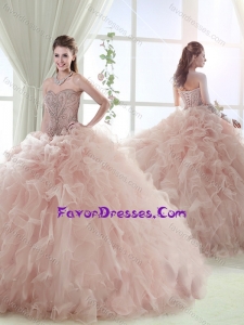 Gorgeous Sweep Train Baby Pink Detachable Sweet 16 Dress with Beading and Ruffles