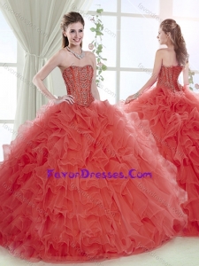 Lovely Brush Train Beaded and Ruffled Coral Red Quinceanera Dress with Removable Shirts