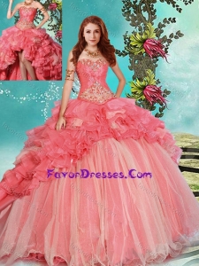 Modest Beaded and Ruffled Coral Red Detachable Sweet 16 Dress with Brush Train