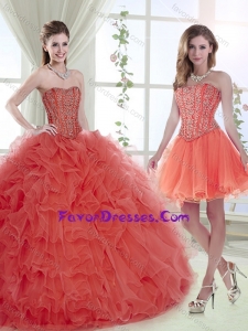 Pretty Big Puffy Brush Train Coral Red Sweet 16 Dress with Removable Shirts