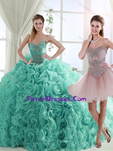 Pretty Rolling Flowers Turquoise Detachable Quinceanera Dress with Brush Train
