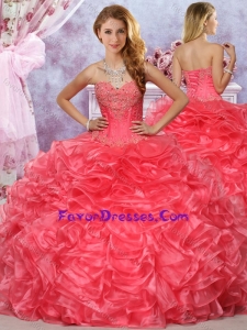 Cheap Beaded and Ruffled Coral Red Sweet 15 Dress in Organza