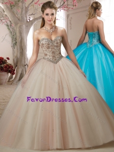 Fashion Trend Beaded Bodice Champagne Sweet Fifteen Dress with Sweep Train