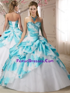 Fashionable Beaded White and Blue Quinceanera Gown in Printed and Tulle