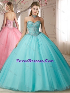 Lovely Big Puffy Beaded Bodice and Applique Sweet 16 Gown in Aqua Blue
