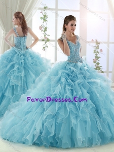 Luxurious Ruffled and Beaded Bodice Aqua Blue Quinceanera Gown in Organza