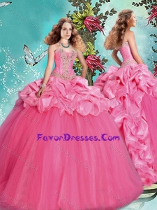 Popular Brush Train Beaded and Bubble Sweet 16 Dress in Rose Pink