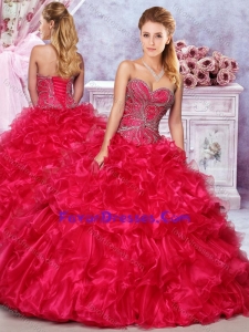 2016 Elegant Beaded and Ruffled Red Quinceanera Dress in Organza