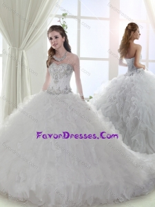Beautiful Beaded and Ruffled Organza White Quinceanera Gown with Brush Train