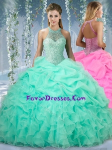 Beautiful Halter Top Beaded and Ruffled Sweet 16 Gown in Mint
