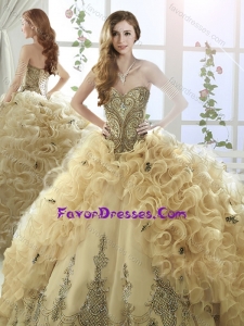 Cheap Organza Beaded and Ruffled Quinceanera Gown with Brush Train