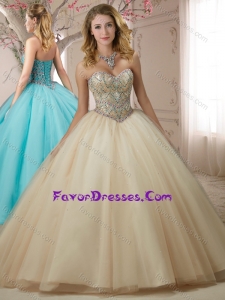 Classical Beaded Bodice Tulle Champagne Quinceanera Dress with Brush Train