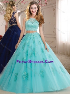 Elegant Two Pieces See Through Scoop Beaded and Applique Quinceanera Gown in Aqua Blue