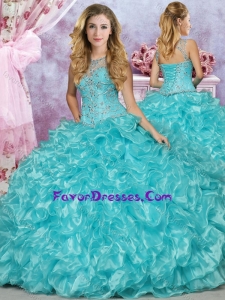 Modest See Through Scoop Beaded and Ruffled Quinceanera Gown in Aqua Blue