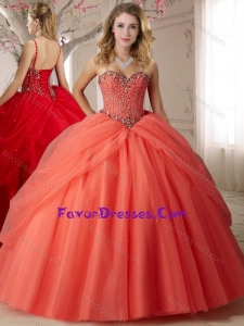 Visible Boning Spaghetti Straps Beaded Bodice Quinceanera Gown in Orange Red
