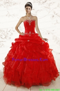 2015 Red Ball Gown Strapless Quinceanera Dresses with Beading and Ruffles