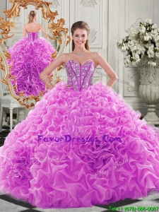 Lovely Puffy Skirt Beaded Bodice and Ruffled Quinceanera Dress in Fuchsia