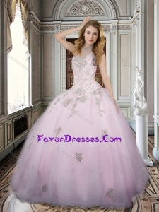 Modest Applique and Beaded Bodice Pink Sweet 16 Dress in Tulle