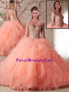 Popular Organza Peach Sweet Fifteen Dress with Beading and Ruffles