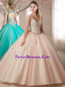 Puffy Skirts Beaded Decorated Cap Sleeves Champagne Quinceanera Dress with Beading
