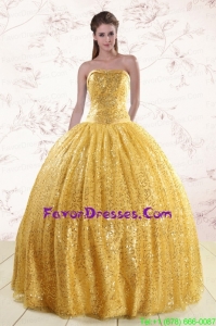 Romantic Yellow Sequined 2015 Quinceanera Dress with Strapless