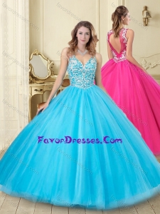 See Through Beaded V Neck Really Puffy Sweet 16 Dress with Backless