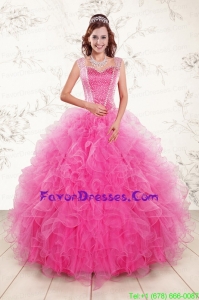 2015 Pretty Straps Hot Pink Quinceanera Dresses with Beading